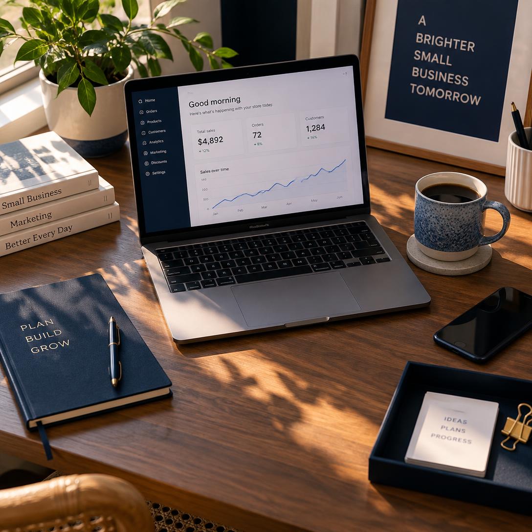 A business owner's desk with a laptop showing a sales dashboard